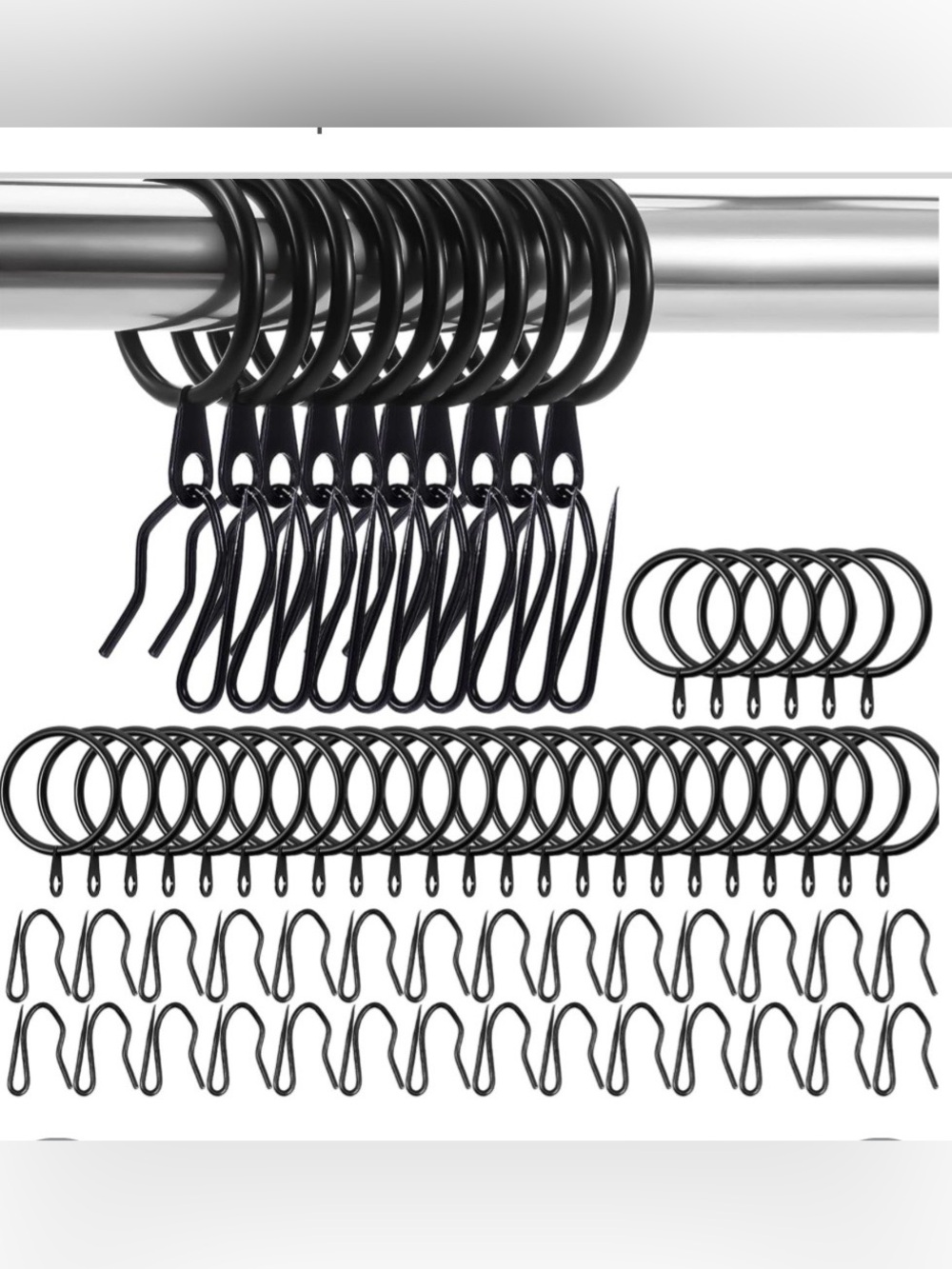 Metal Curtain Drapery Rings & Pin Hooks - 30mm Inner Diameter - BLACK